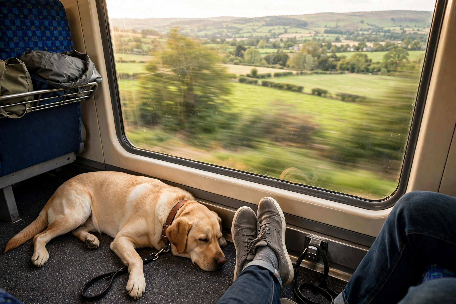 Calm labrador lying beside its owner inside a British train carriage