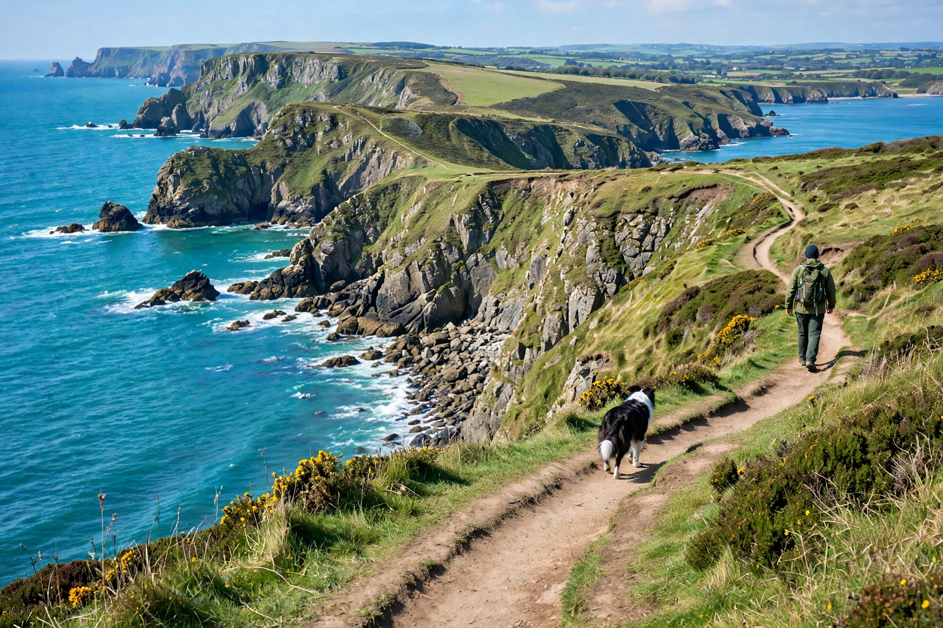 Rugged Welsh headland with a coastal path above turquoise sea, a border collie walking ahead